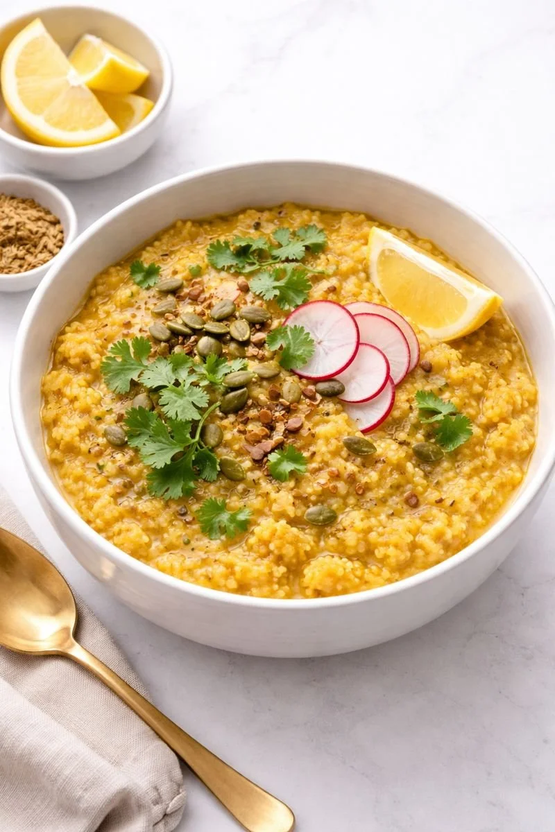 A bowl of yellow lentil soup garnished with radish slices, cilantro, pumpkin seeds, and lemon wedge, with additional lemon wedges and seasonings on the side.