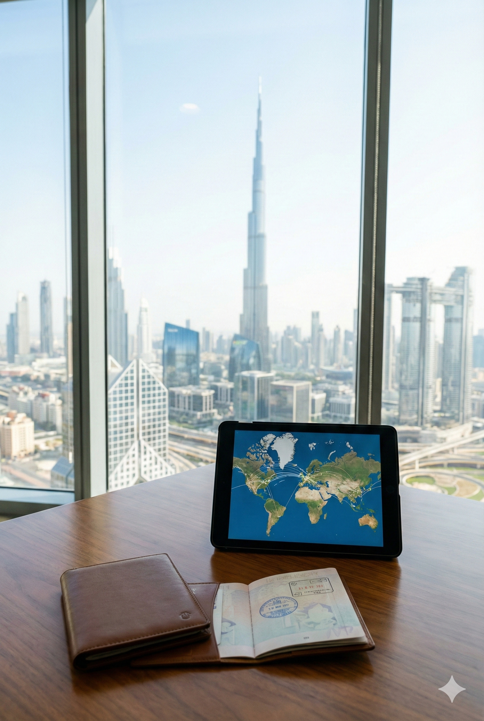 Büro mit Blick auf die Skyline von Dubai, Burj Khalifa im Hintergrund, Schreibtisch mit Weltkarte-Tablet, Reisepass und Notizbuch.