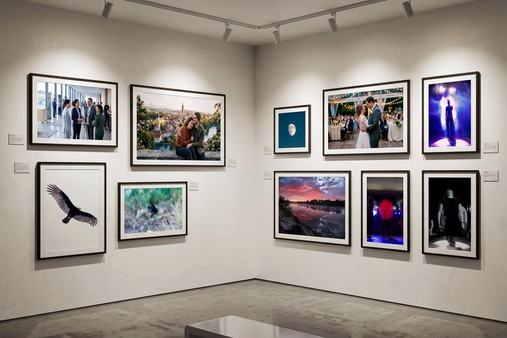 Wall art gallery with framed photographs of people, landscapes, animals, and abstract images in an art exhibit space.