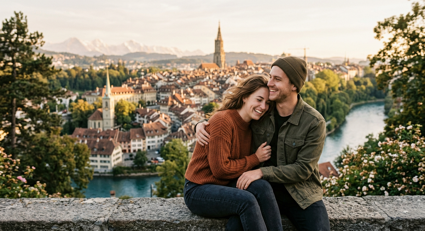 A happy couple sitting on a stone ledge, embracing and smiling with a scenic European city and river in the background.
