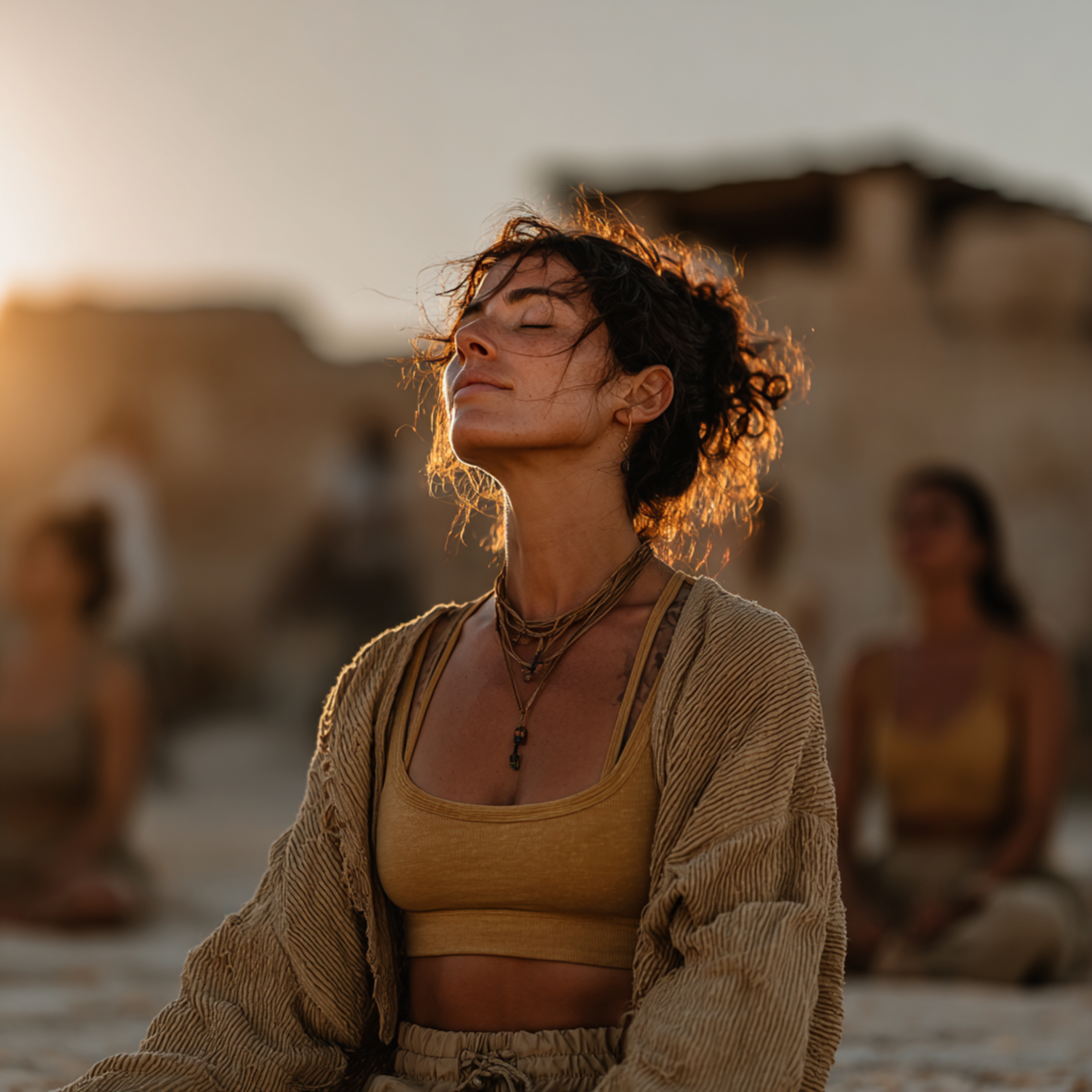 Women meditating outdoors at sunset with closed eyes and peaceful expression, wearing a yellow top and layered necklaces, with others sitting in the background.