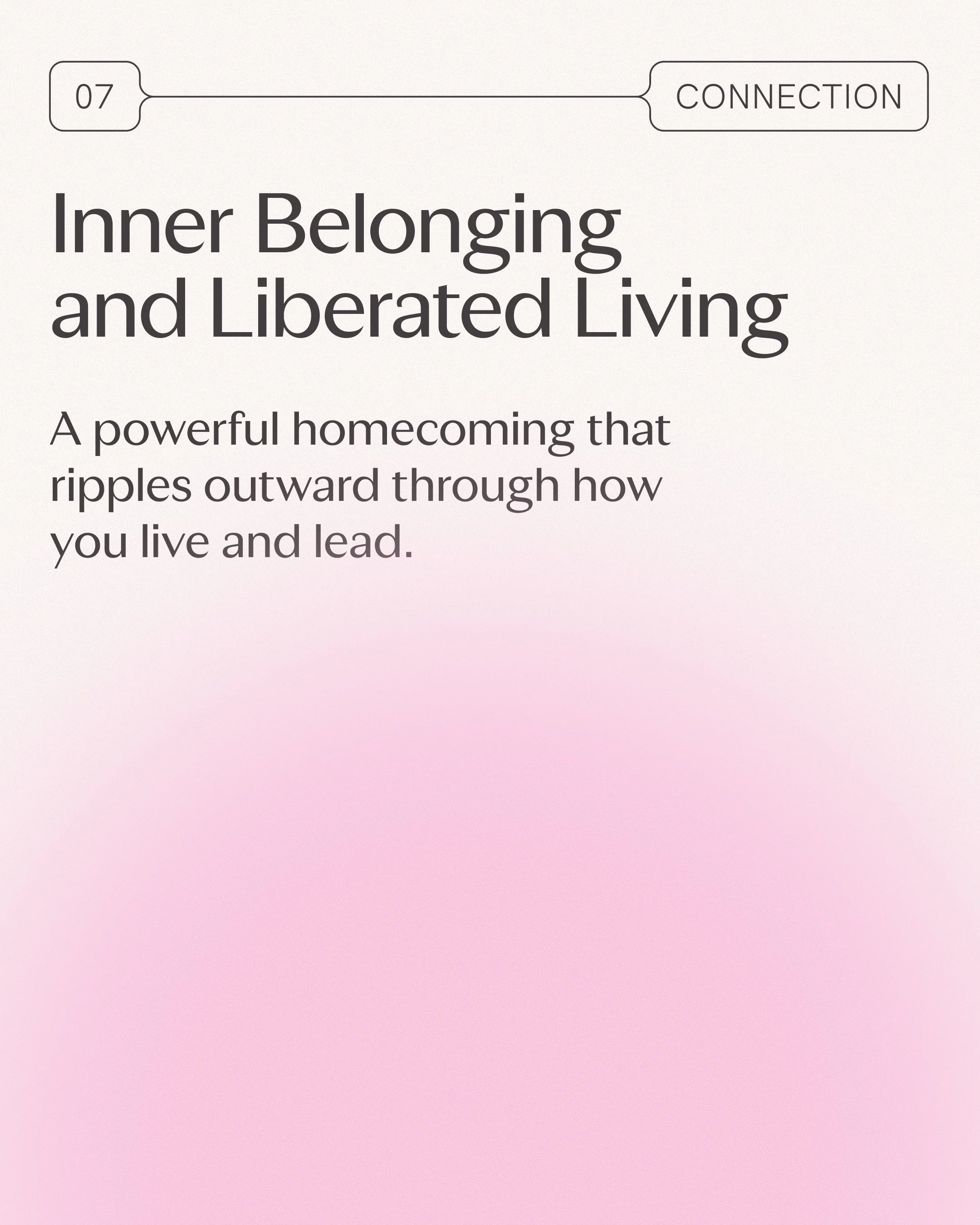 Page title 'Inner Belonging and Liberated Living' with the subtitle 'A powerful homecoming that ripples outward through how you live and lead.'