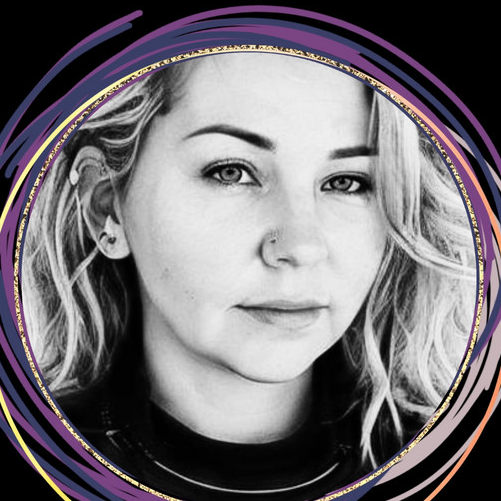 Black and white portrait of a woman with wavy hair, one eye slightly closed, inside a decorative circular frame with swirling colors.