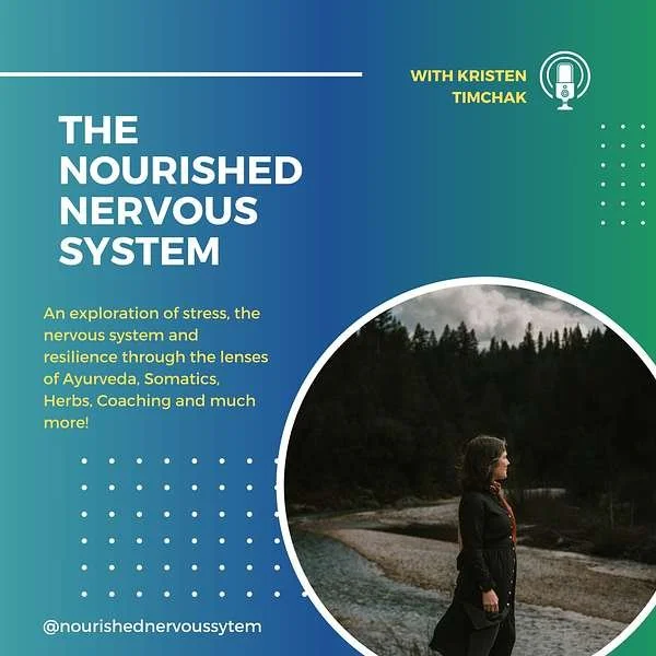 Book cover titled "The Nourished Nervous System" with subtitle about stress, resilience, and healing. Features a woman in profile beside a river with a forest background. Green and blue background design with social media handle @nourishednervousystem.