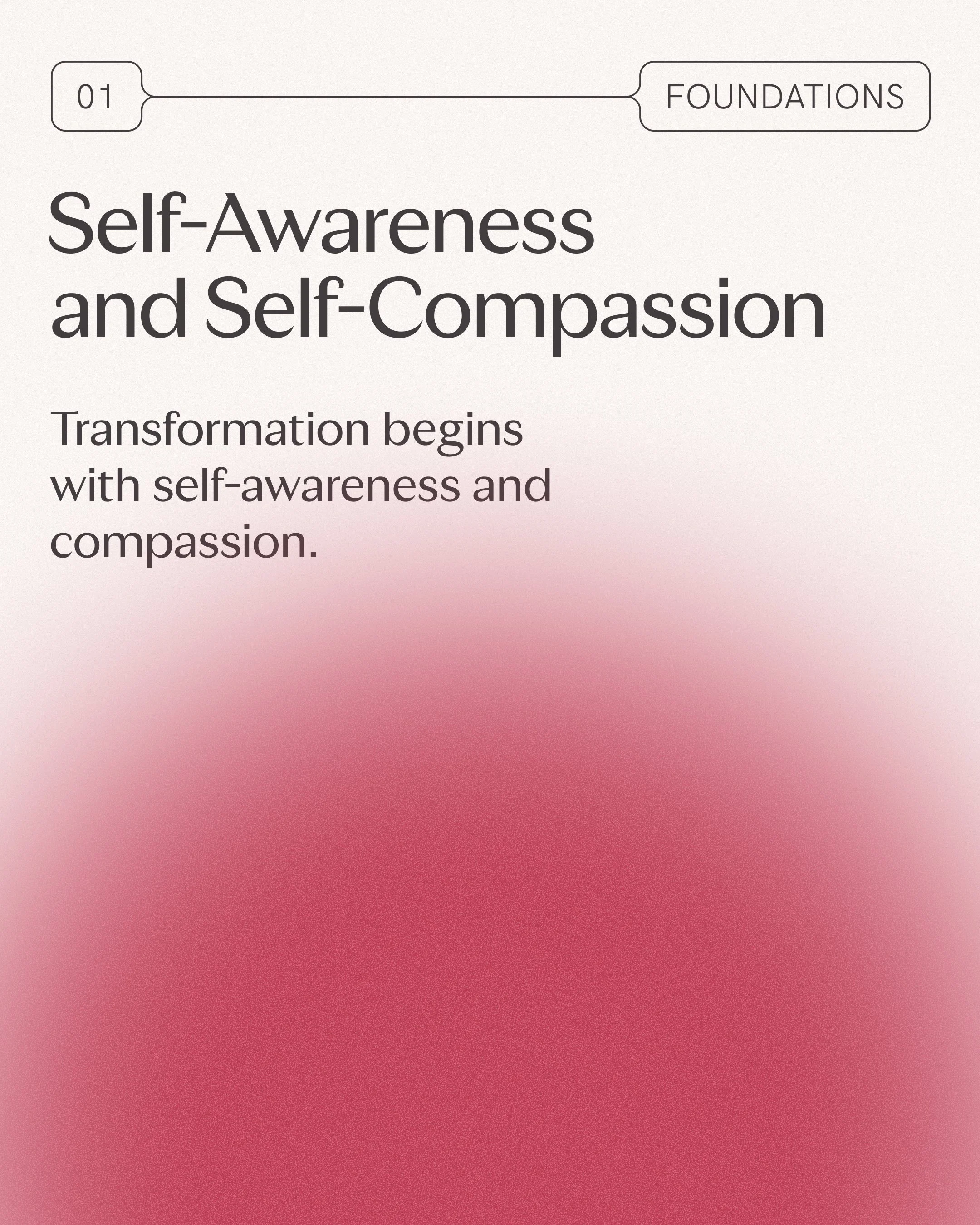 Page header titled 'Self-Awareness and Self-Compassion' with a subheading 'Transformation begins with self-awareness and compassion' and a blurred pink and white background.