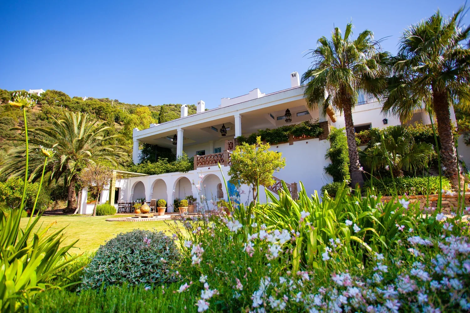 A white Mediterranean-style house with arched doorways, multiple balconies, surrounded by lush green palm trees, plants, and colorful flowers, with a bright blue sky in the background.