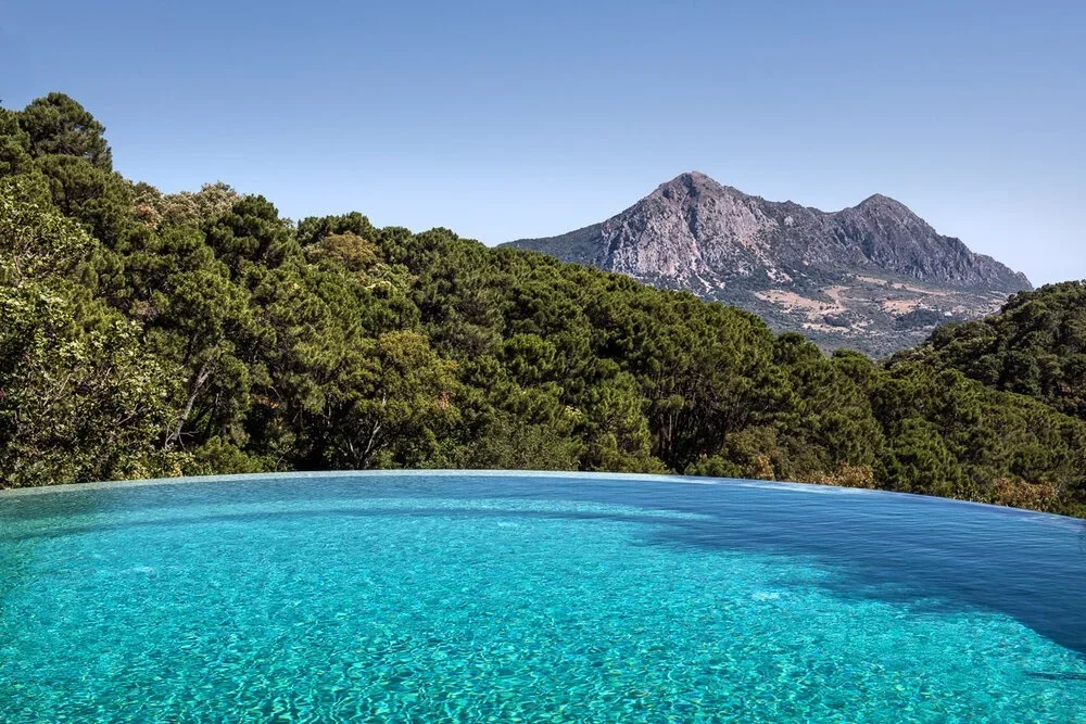 Infinity pool overlooking a forested hillside with mountains in the background under a clear blue sky.