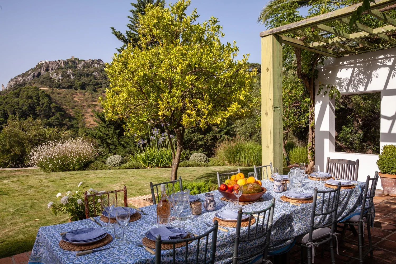 Outdoor dining table set on a patio with plates, glasses, and a bowl of fruit, overlooking a lush garden with trees, bushes, and a mountain in the background.