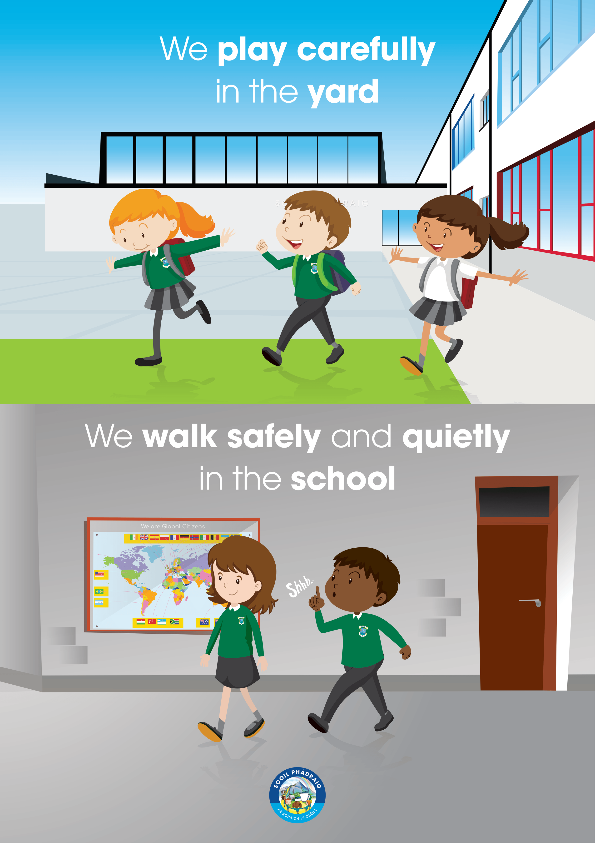 Illustration of three students in school uniforms walking on a schoolyard. The background features a school building with large windows. The image contains text reading "We play carefully in the yard" and "We walk safely and quietly in the school." T