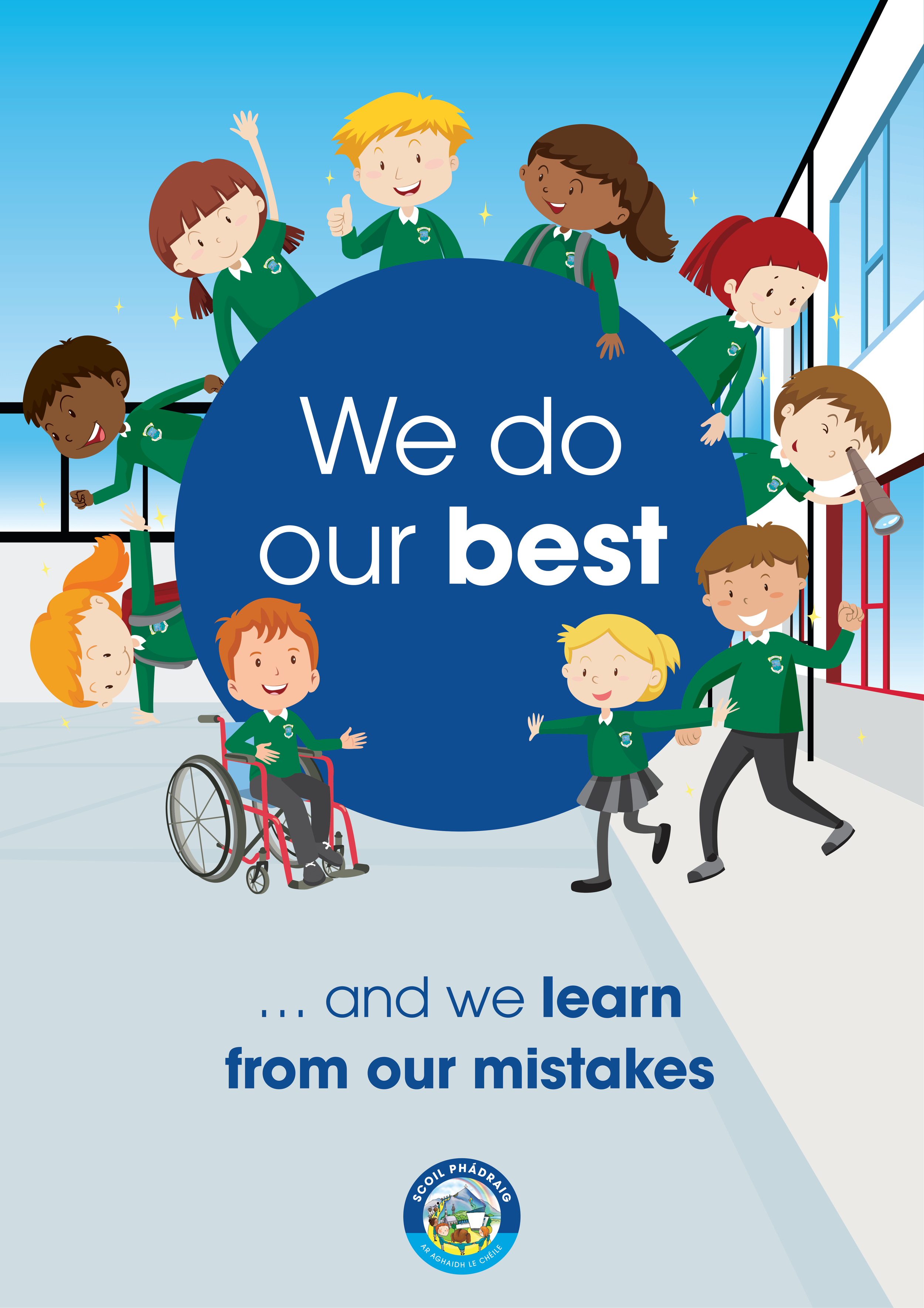 Children in school uniforms smiling, playing, and posing in a classroom with large windows, with a large blue circle in the background containing the text 'We do our best'. The scene conveys a positive learning environment.
