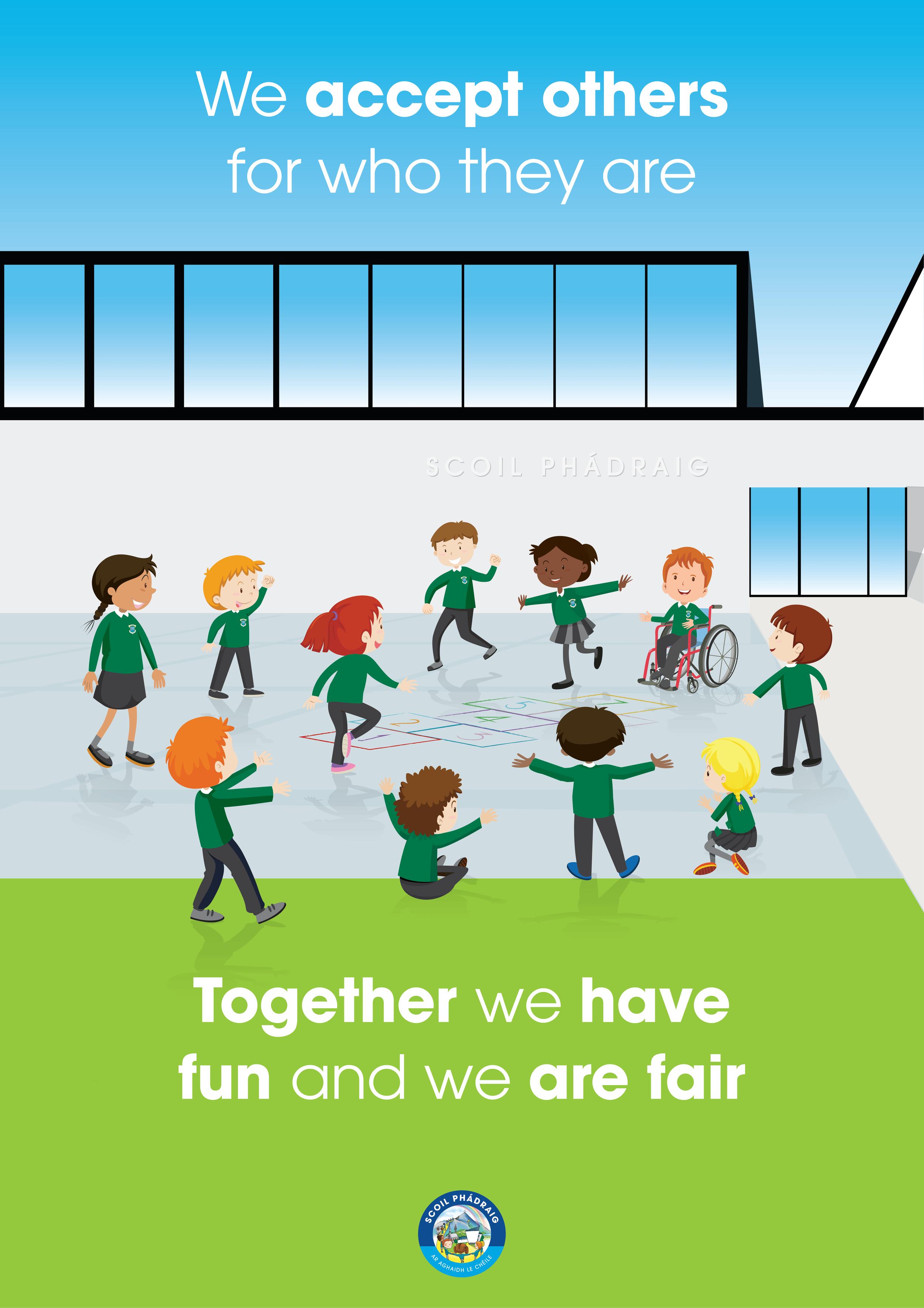 Group of diverse children playing together on an outdoor playground, some dancing, some sitting, with a building in the background. The image has colorful text promoting acceptance, fairness, fun, and equality.
