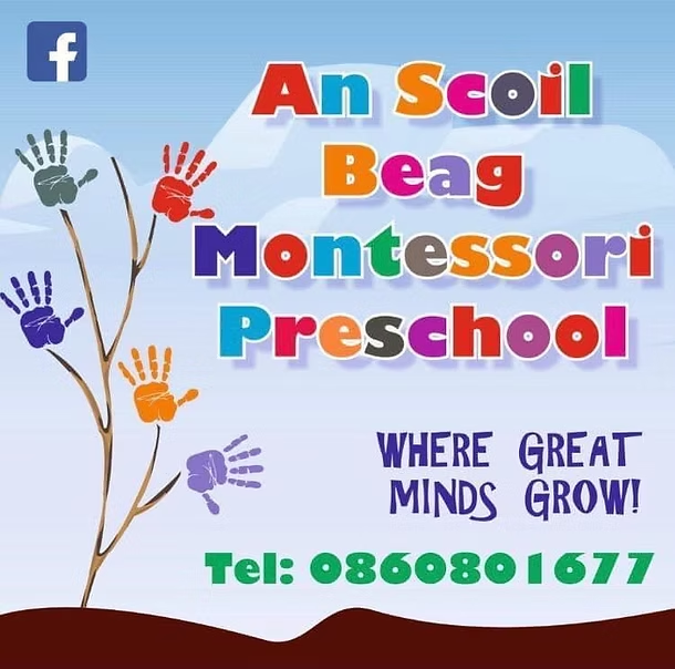 Flyer for An Soil Beag Montessori Preschool with colorful handprints on tree branches, Facebook logo, and contact number 0860801677, with the slogan 'Where Great Minds Grow!'
