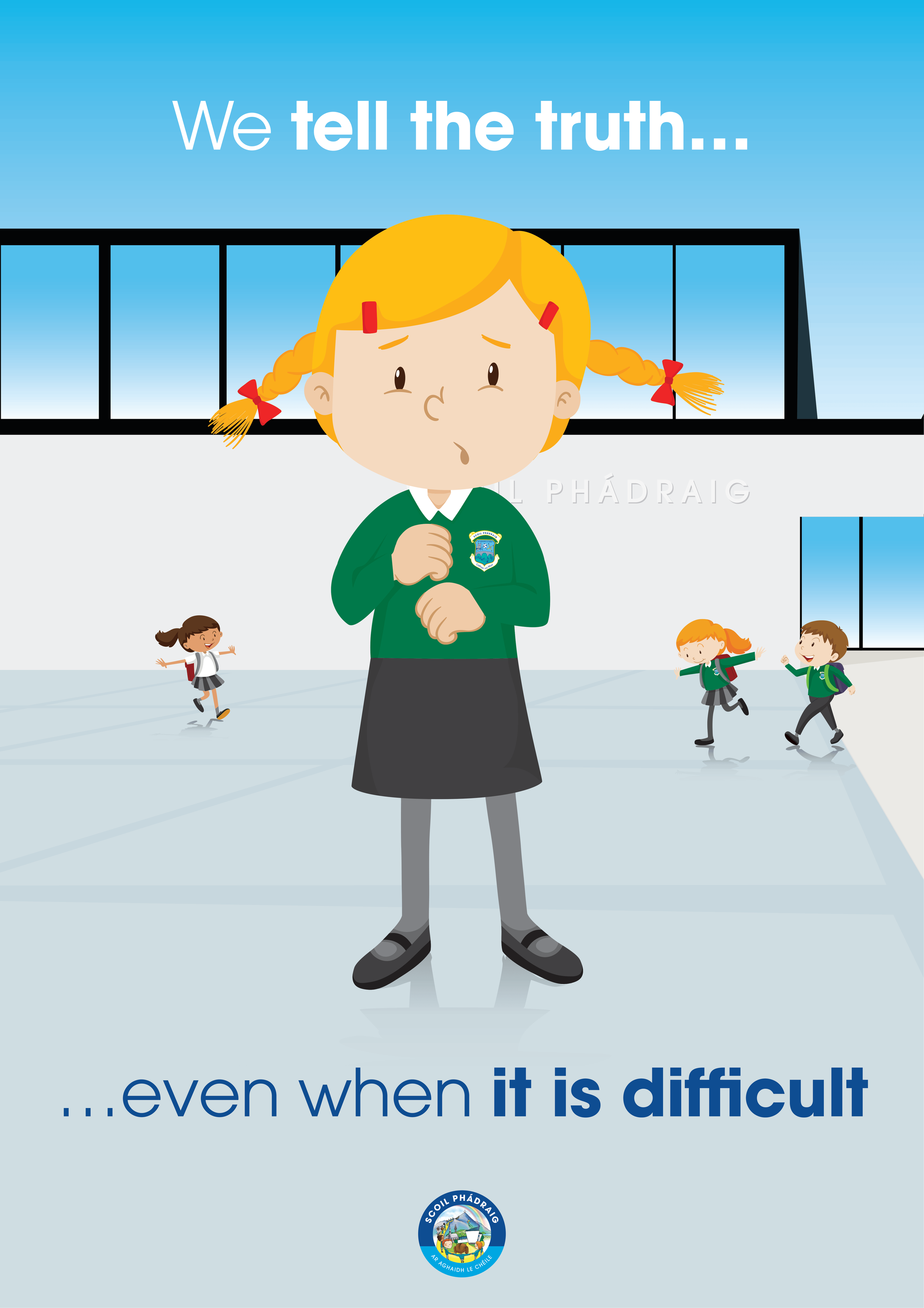 A drawing of a girl with blond pigtails and red bows, wearing a green school uniform, standing in an ice rink with children skating around her. The background features a blue sky and a black railing. The text on the image says: 'We tell the truth... 