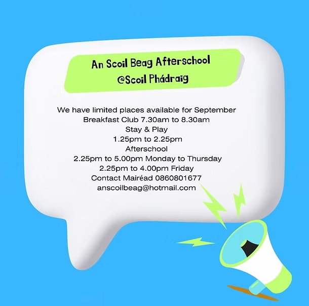 Flyer for a school afterschool program with details on September schedule, contact info, and a cartoon megaphone.