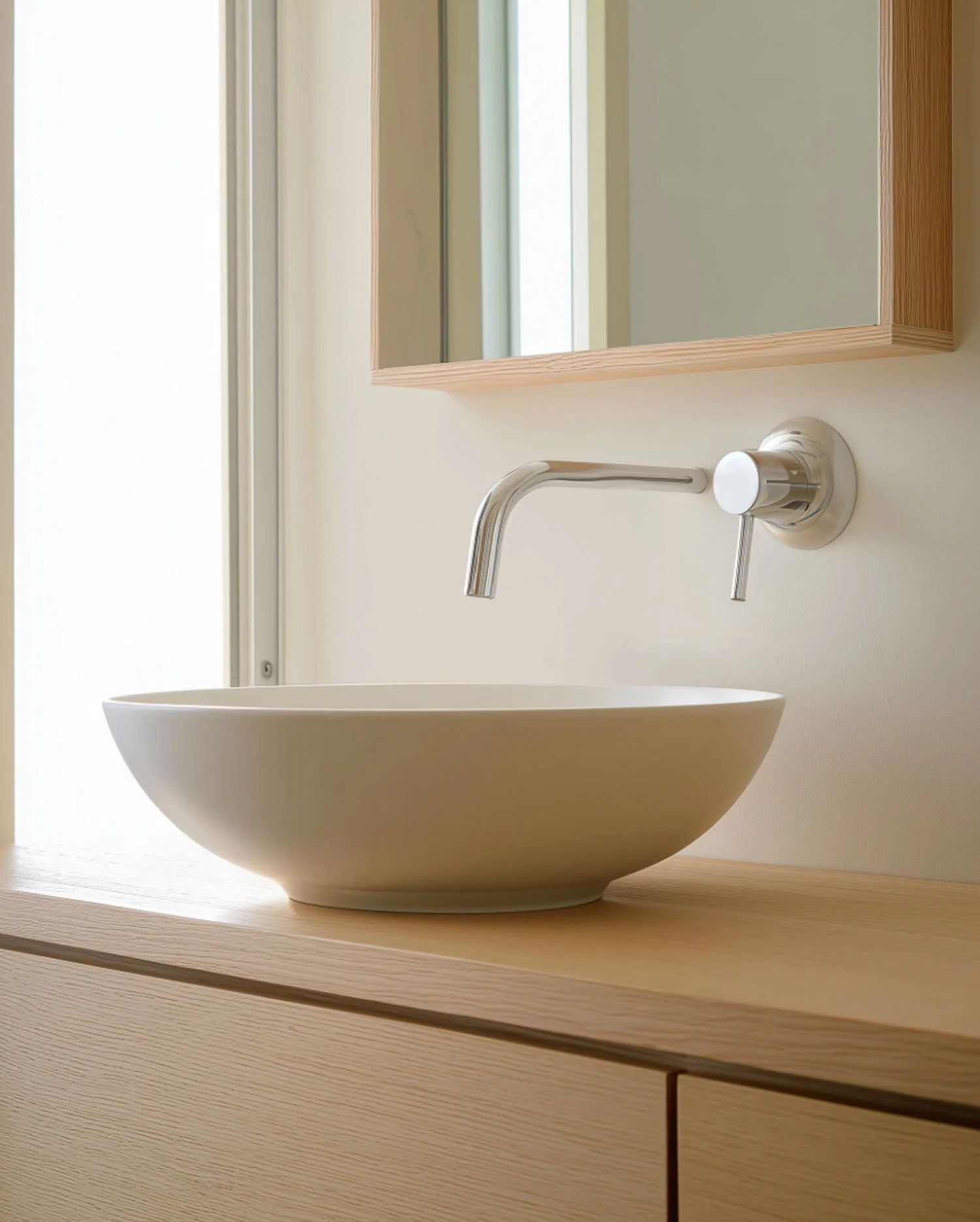 Minimalist bathroom with round white vessel sink and wooden vanity, featuring clean surfaces and modern fixtures in Scottsdale home