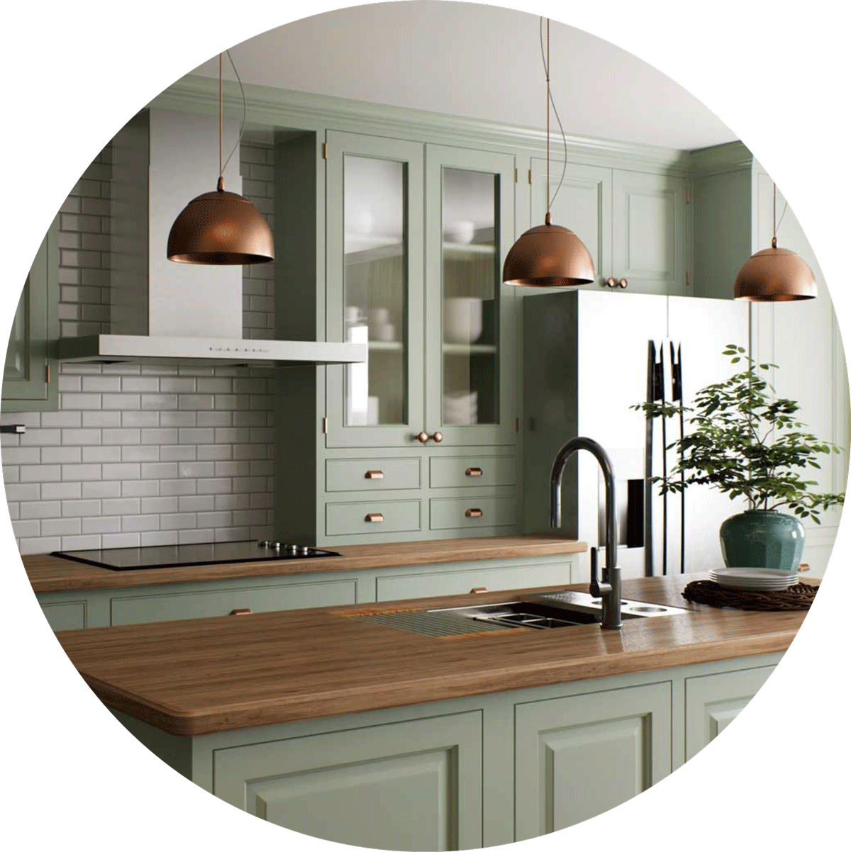 Pristine sage green kitchen with butcher block countertops, white subway tile backsplash, and copper pendant lights after residential deep cleaning in Scottsdale