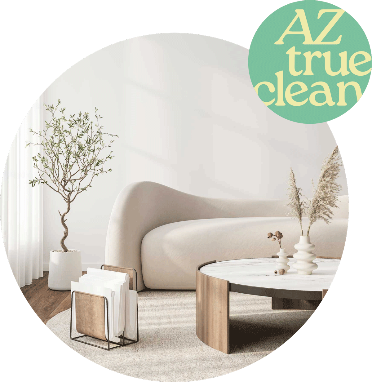 Clean modern living room with curved beige sofa, neutral decor, and decorative plants with AZ True Clean logo, representing residential cleaning services in Phoenix Arizona