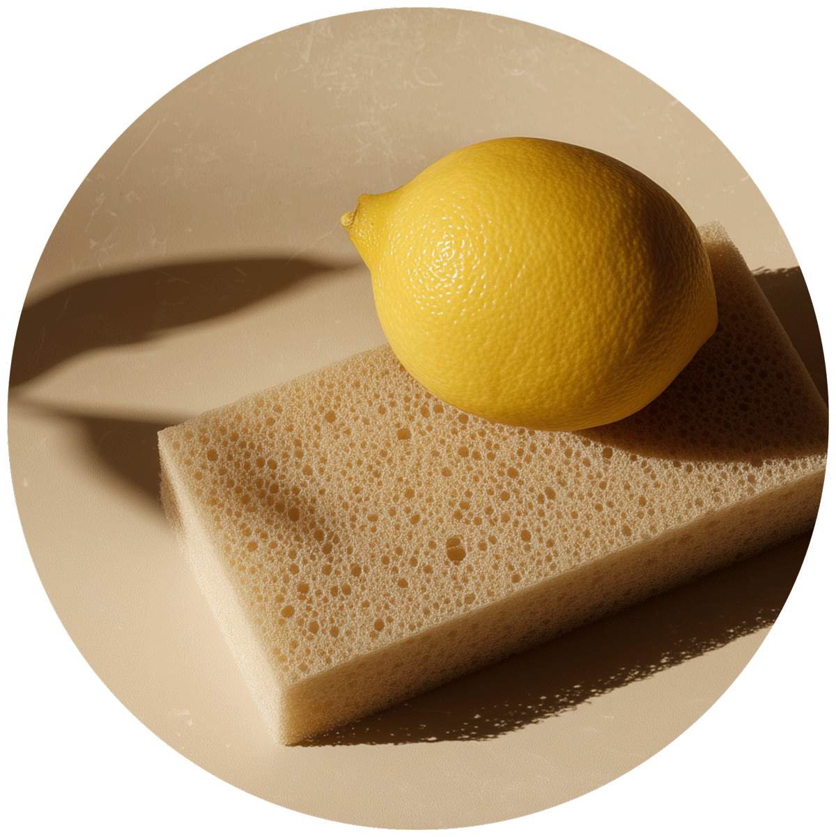 Fresh lemon on natural cleaning sponge in warm neutral tones, representing safe eco-friendly cleaning products used in Phoenix vacation rentals and homes