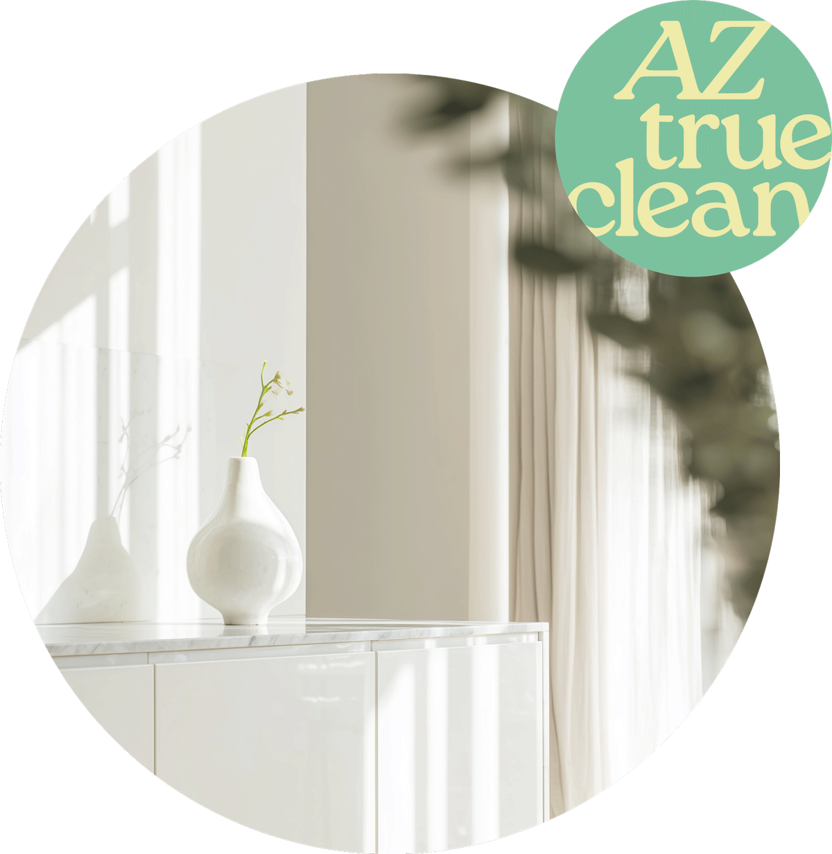 Pristine white millwork and cabinetry with decorative vases and natural light after remodel cleaning by AZ True Clean, demonstrating meticulous dust removal from trim and finishes