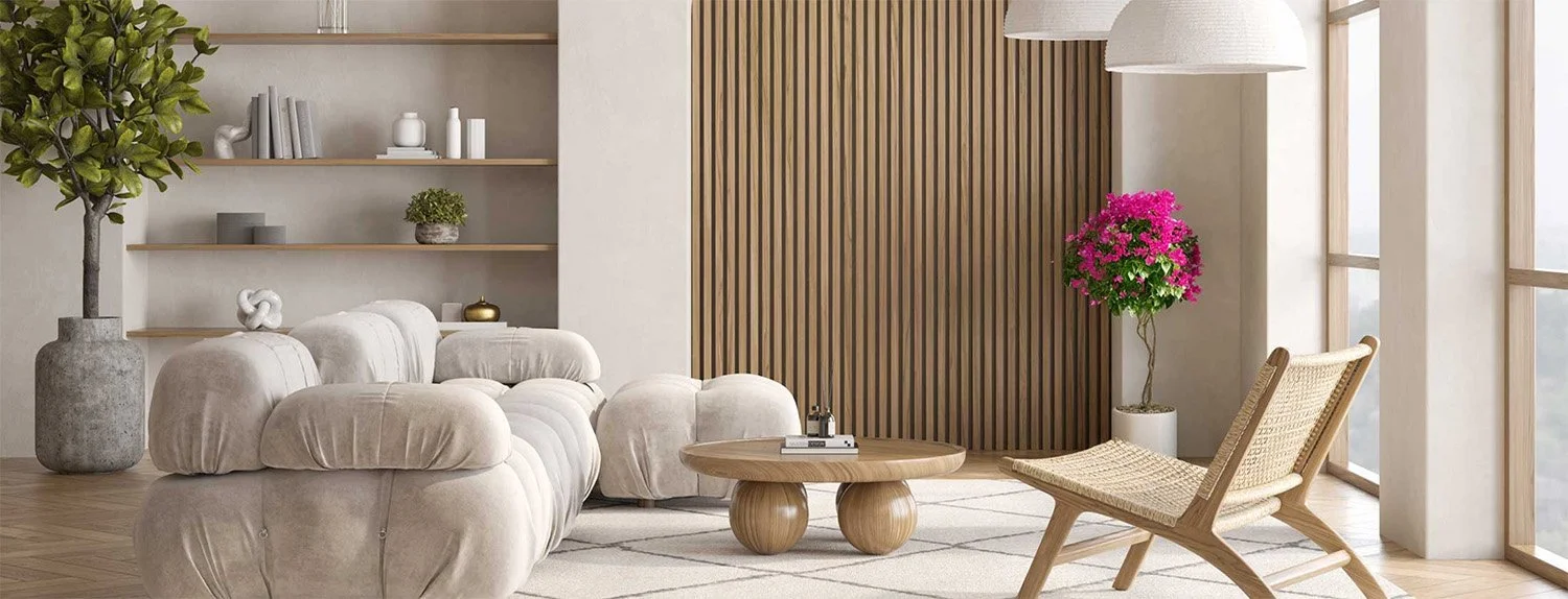 Luxurious clean residential living room with tufted beige sofa, wooden slat wall accent, open shelving, and bright natural light after professional home cleaning in Scottsdale Arizona