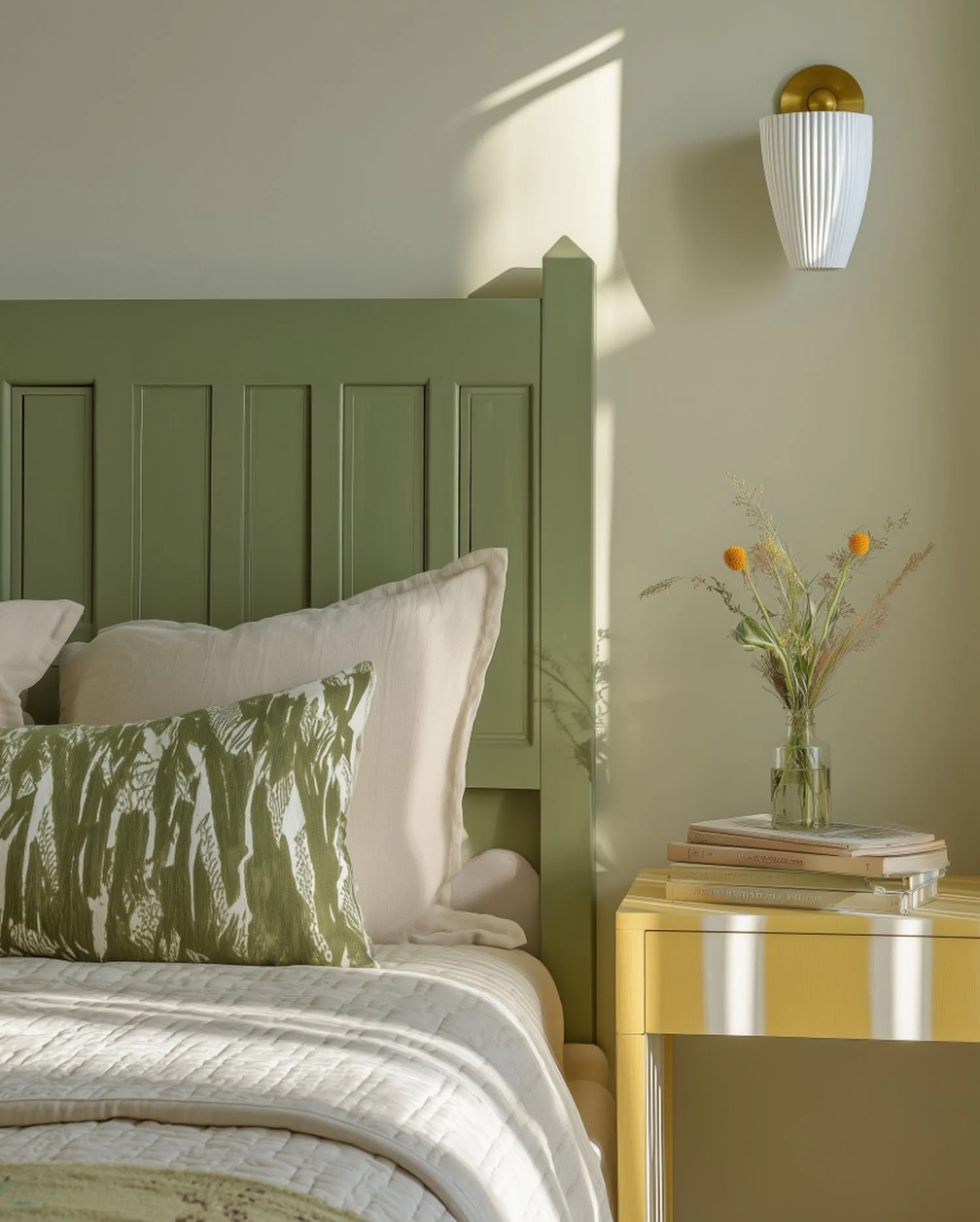 Beautifully styled Airbnb bedroom with sage green headboard, fresh linens, and nightstand vignette after professional vacation rental cleaning in Phoenix