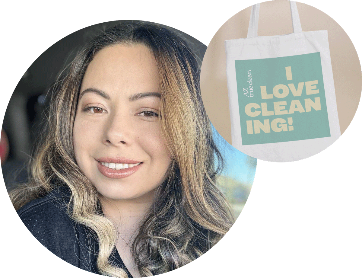 Briana Castellanos, founder of AZ True Clean, smiling with I Love Cleaning tote bag, providing personal service to Phoenix area vacation rental and commercial cleaning clients