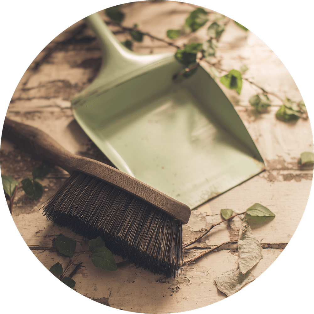 Sage green dustpan and natural bristle brush with eucalyptus leaves on rustic surface, representing eco-friendly cleaning products used by AZ True Clean