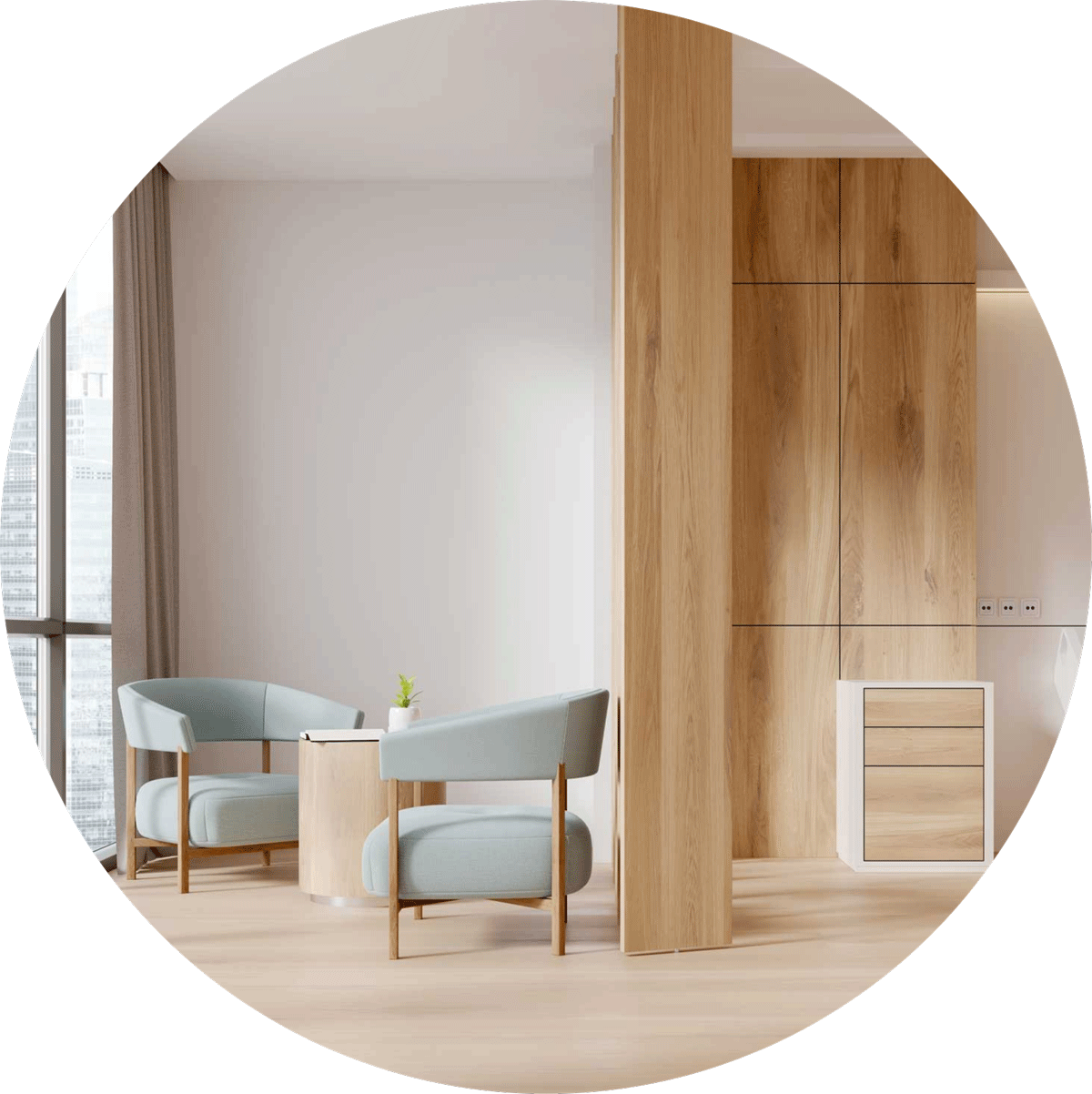 Clean modern medical office waiting room with light blue seating, natural wood cabinetry, and pristine floors after professional commercial cleaning in Scottsdale