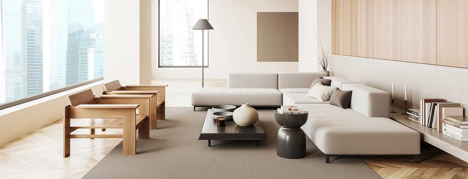 Pristine corporate office lounge with beige modular sofa, wooden chairs, and floor-to-ceiling windows after commercial cleaning service in Scottsdale and Phoenix metro area