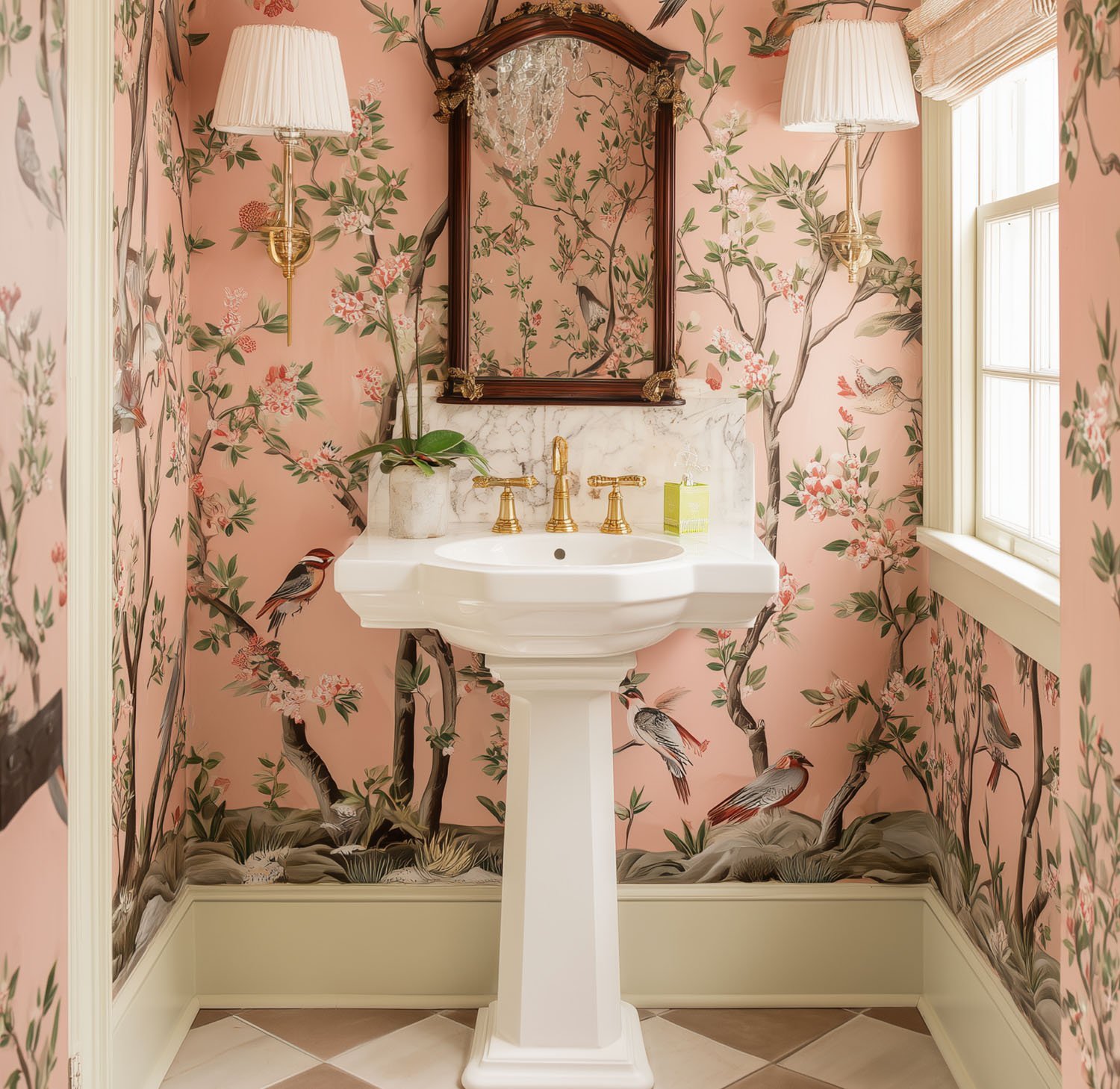 Elegant powder room with pink Chinoiserie bird and floral wallpaper, white pedestal sink, gold fixtures and ornate mirror, demonstrating meticulous cleaning of luxury homes in Phoenix