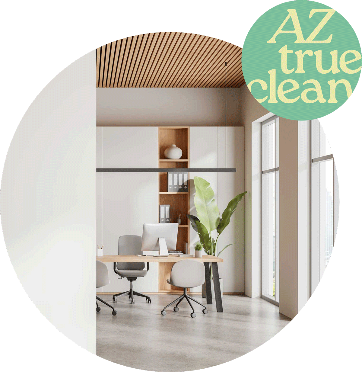 Spotless modern office workspace with clean desk, organized shelving, and polished floors with AZ True Clean logo, demonstrating commercial office cleaning services in Phoenix