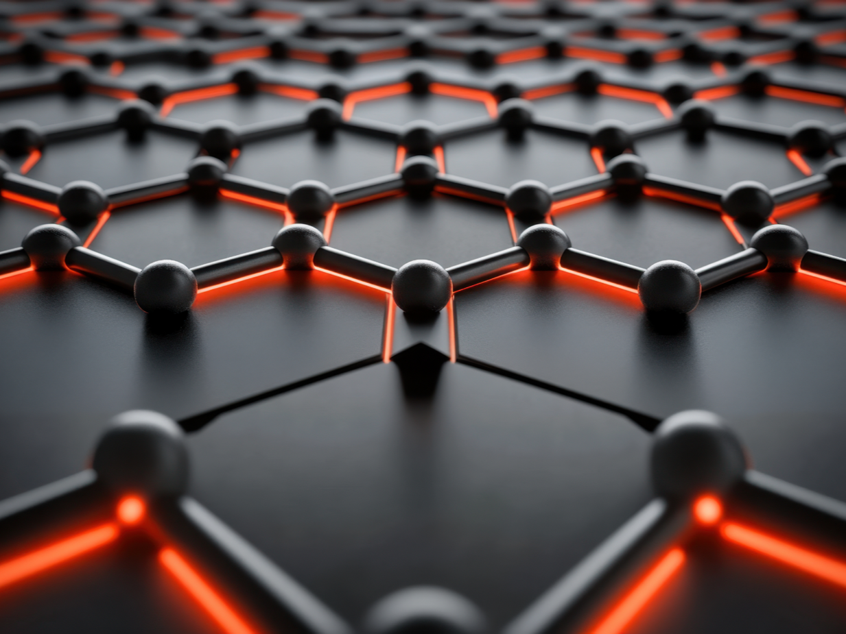 Close-up of a black molecular structure model with glowing red lines connecting black spheres on a dark surface.