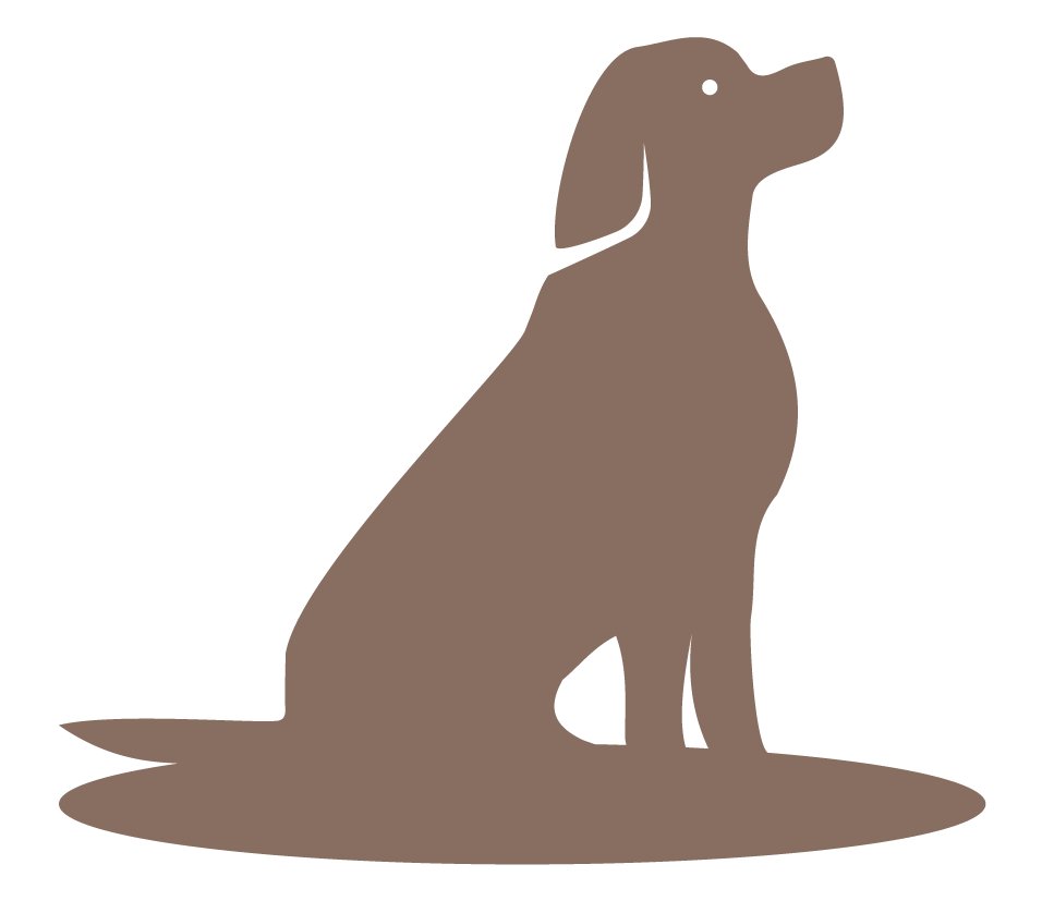 Silhouette of a sitting dog, facing to the right, with a floppy ear and a simple, solid color.