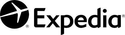 The Expedia logo with a stylized airplane icon and the word 'Expedia' in black text.