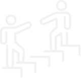 Two simplified stick figure people climbing stairs with one helping the other.