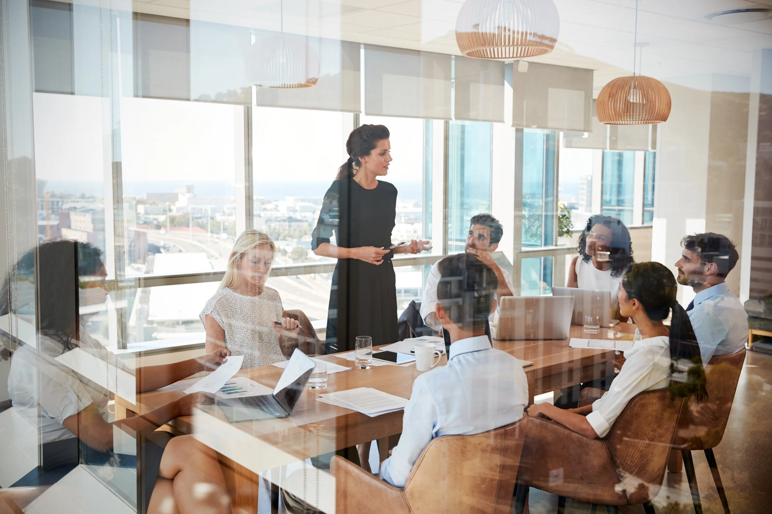 A diverse group of professionals attending a business meeting in a modern conference room with large windows, sunlight, and city view, featuring a woman standing and speaking to seated colleagues.