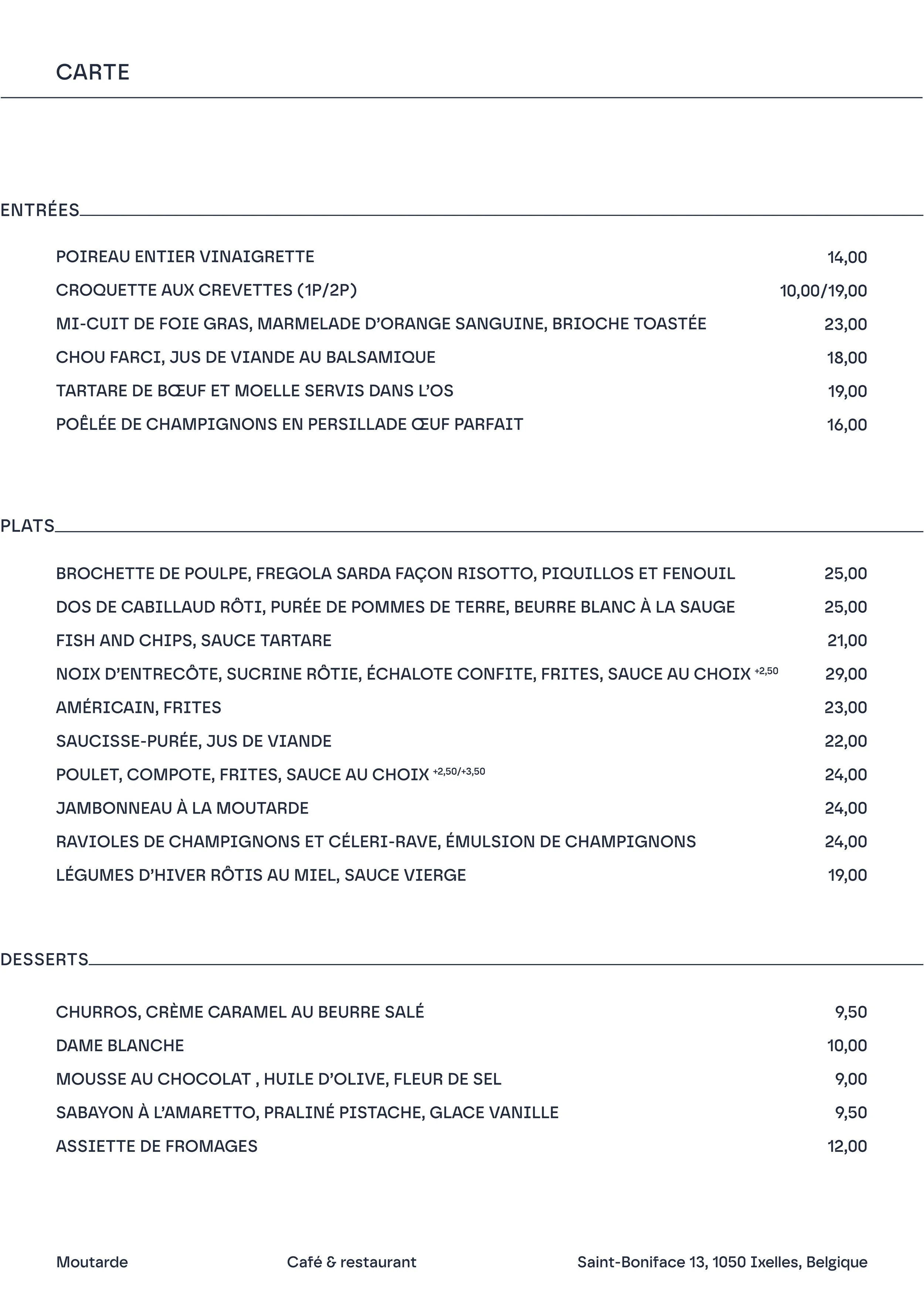 Menu de restaurant en français avec sections pour Entrées, Plats et Desserts, listant différents plats et leurs prix.