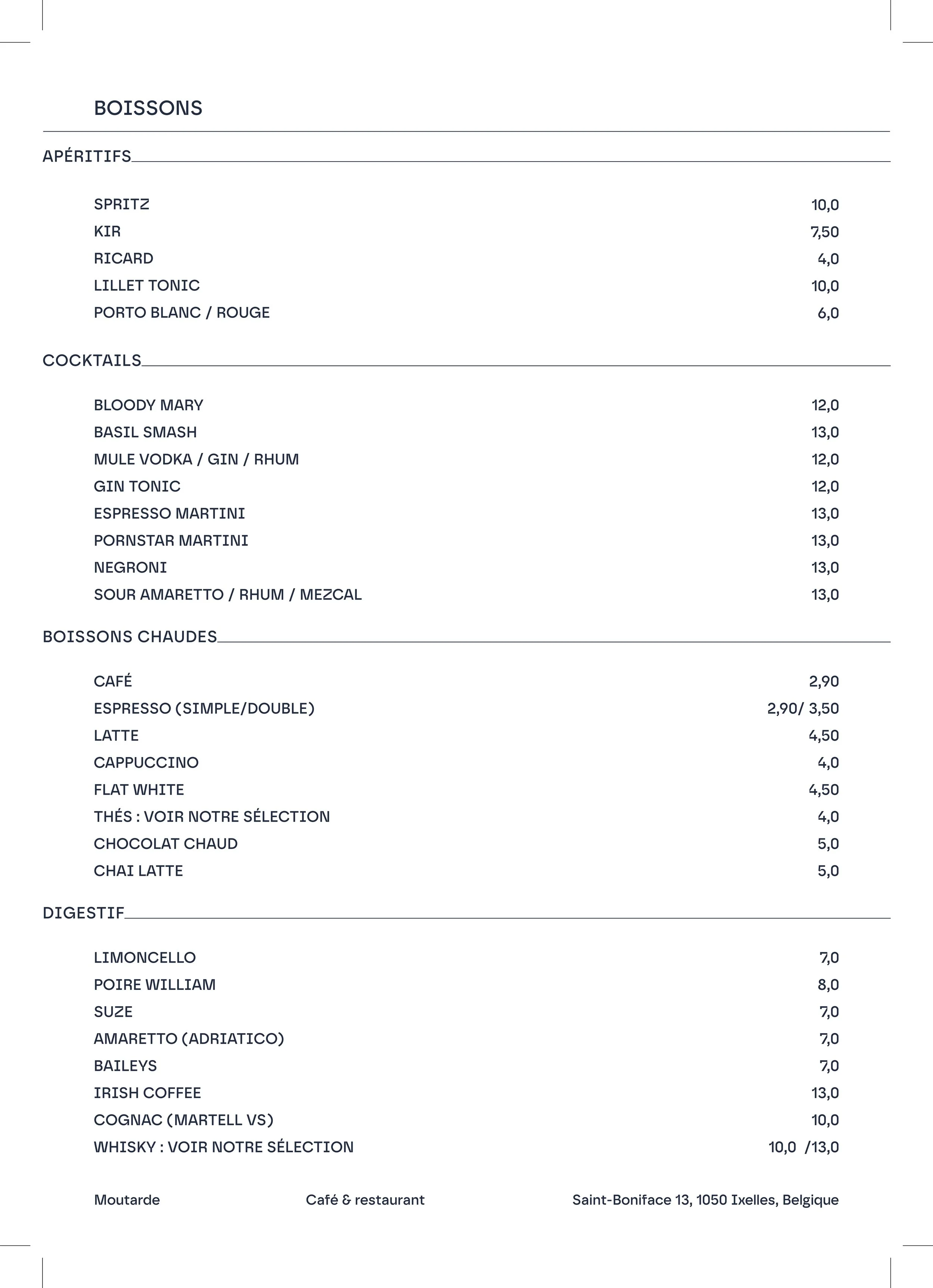 Liste de boissons dans un menu de café et restaurant, comprenant des apéritifs, cocktails, boissons chaudes et digestifs.