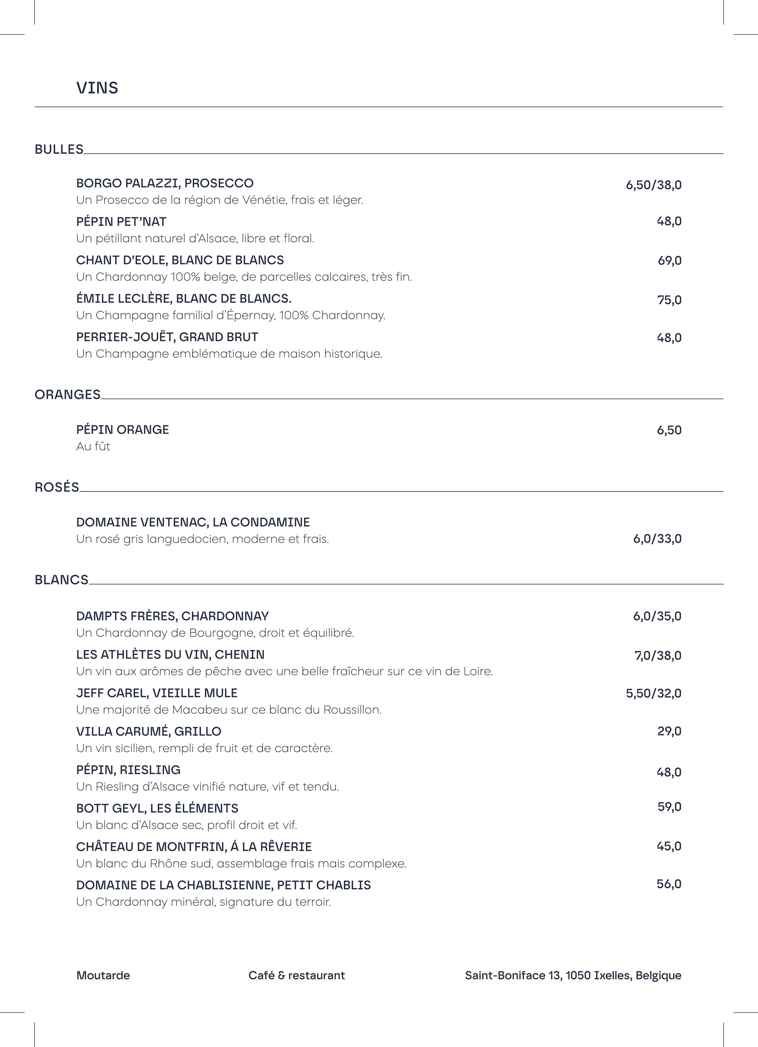 Menu de vins avec différentes catégories : bulles, oranges, rosés, et blancs, comprenant noms, descriptions, et prix.