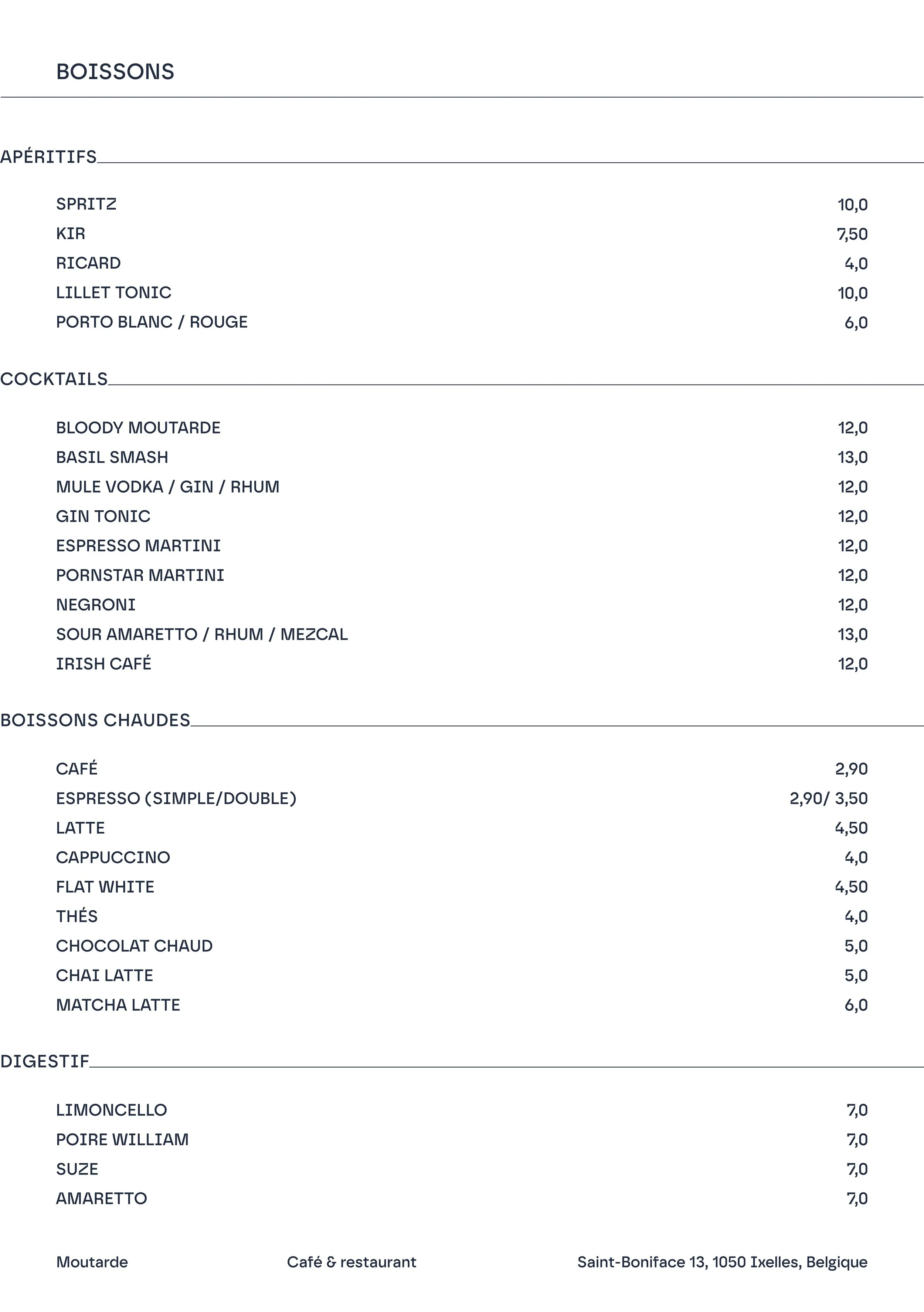 Menu de boissons dans un café ou restaurant, avec sections pour apéritifs, cocktails, boissons chaudes, digestifs et prix.
