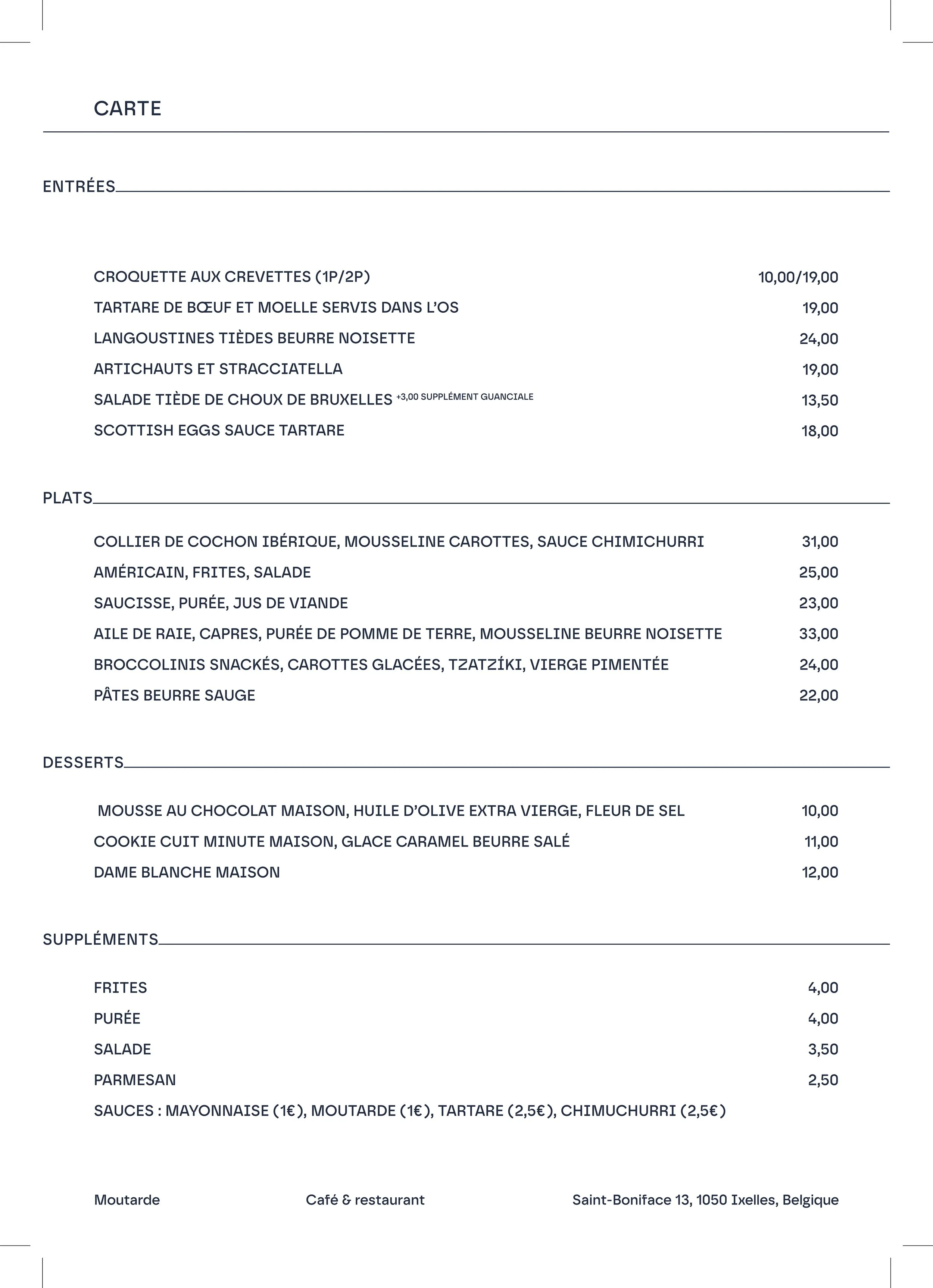 Une carte de menu de restaurant avec plusieurs sections : entrées, plats, desserts et extras, comportant des descriptions et des prix en euros.