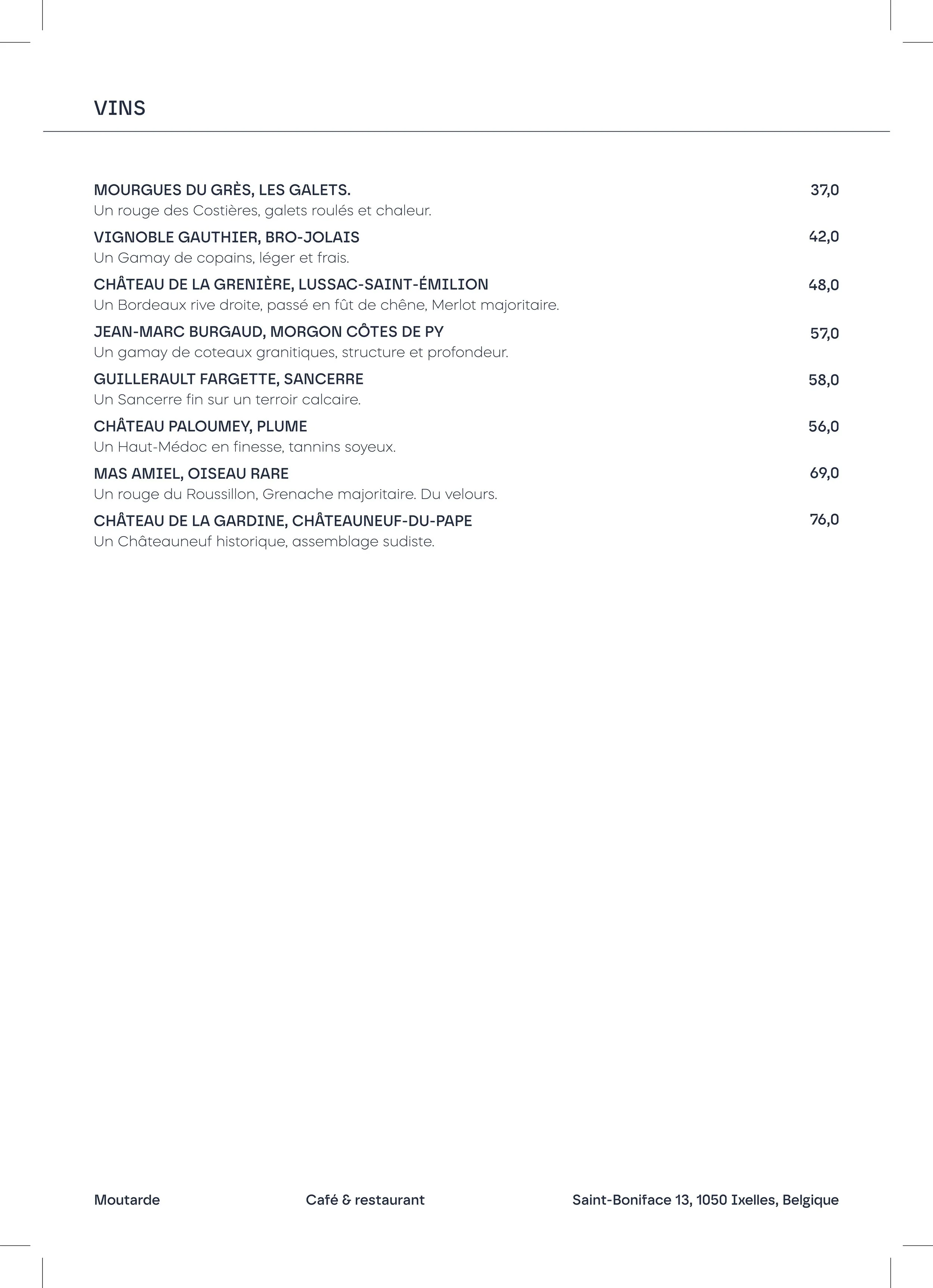 Liste de vins dans un menu de restaurant