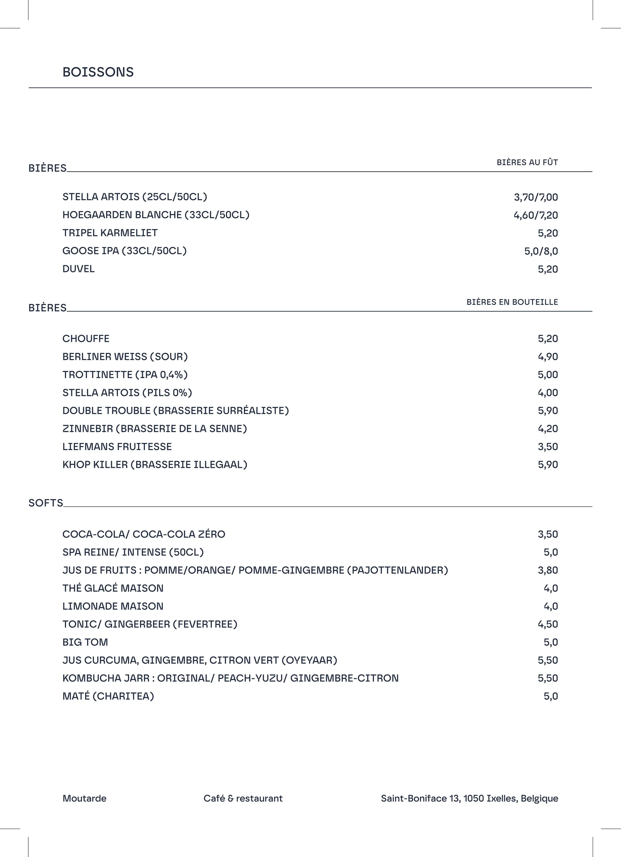 Menu de boissons avec différentes bières, softs et boissons non alcoolisées, avec prix en euros, dans un restaurant à Saint-Boniface, Belgique.