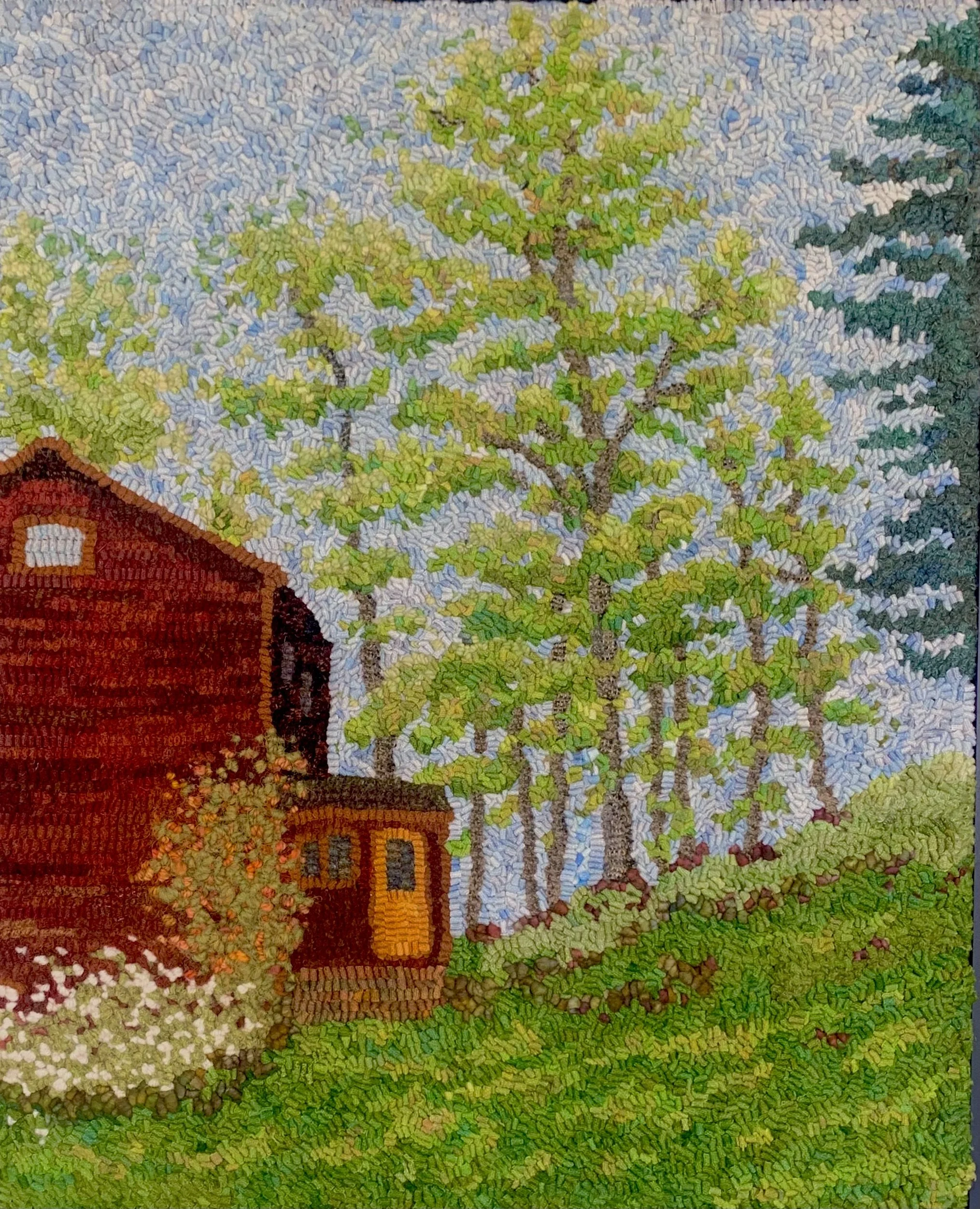 Colorful artwork of a rural scene with a red barn, green trees, and a grassy landscape.