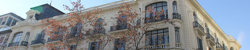 Edificio de estilo clásico con varias ventanas y balcones, árboles con hojas naranjas en la calle
