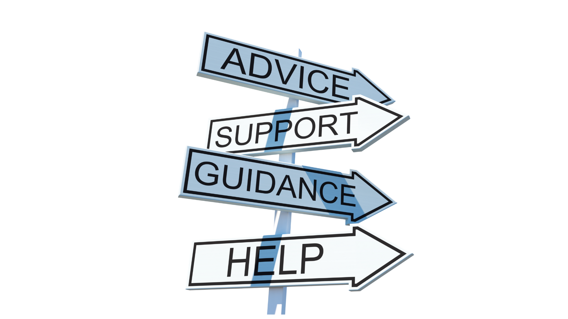 A sign with four arrows that say Advice, Support, Guidance and Help