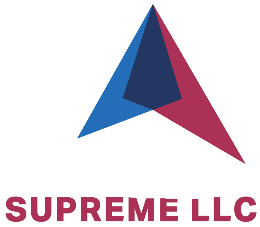 Alliance Supreme LLC logo - three triangles light blue, dark blue and fuchsia. The alliance in white letters and Supreme LLC in fuchsia