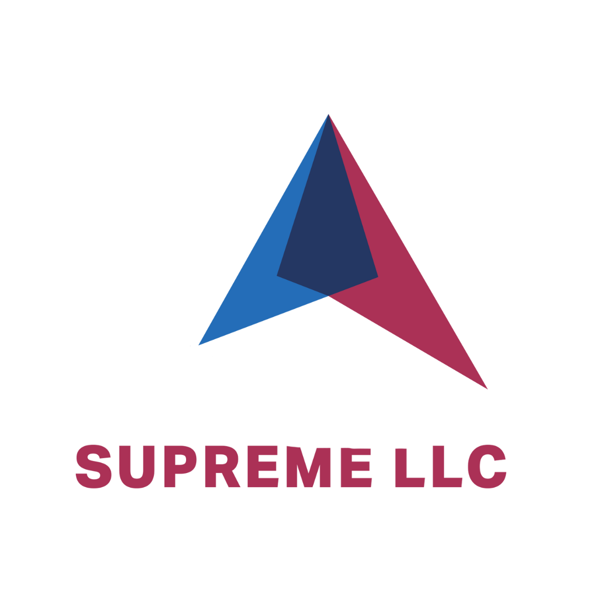 A stylized pyramid-shaped logo with dark blue, red, and pink colors, and the word "SUPREME" in bold red letters underneath and the word ALLIANCE in white on top of the word supreme.