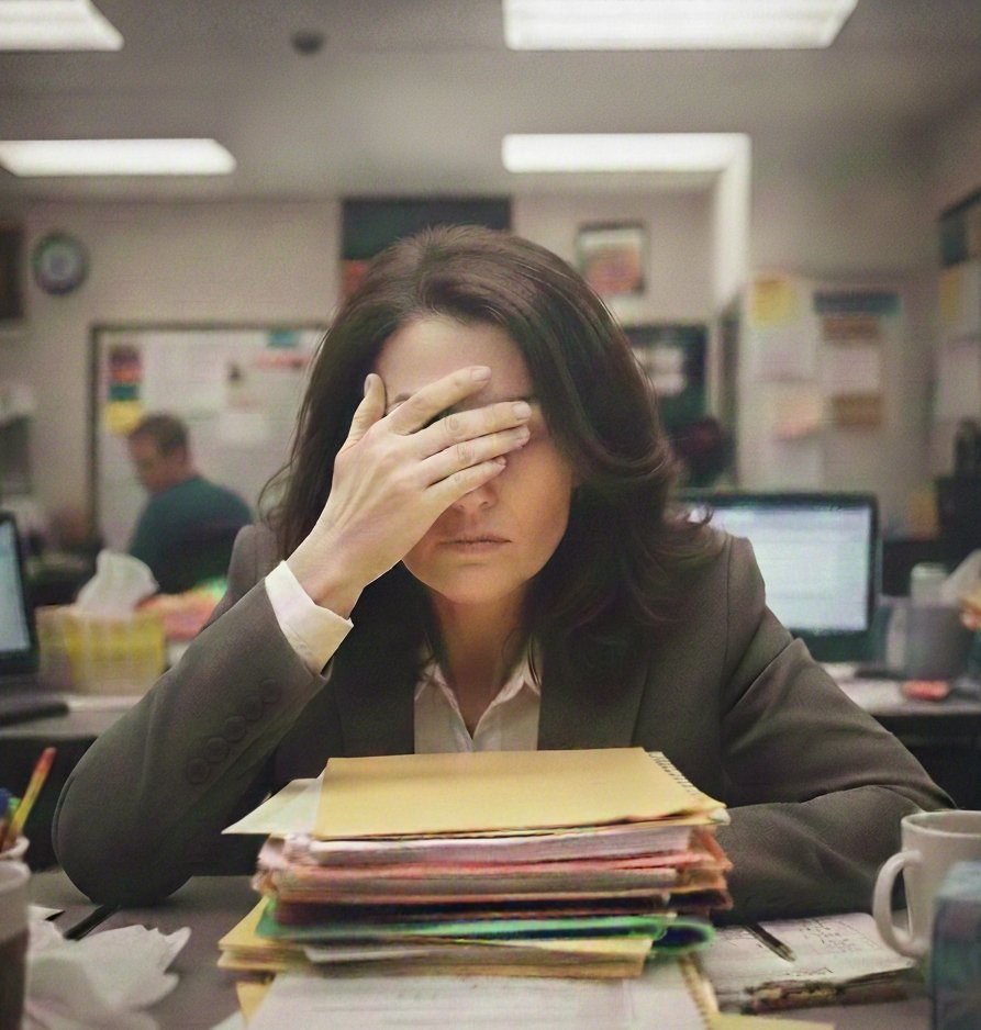 Frustrated woman with dark hair in business attire sitting at a cluttered office desk with a large stack of files, covering her face with her hand in a gesture of stress or exhaustion.