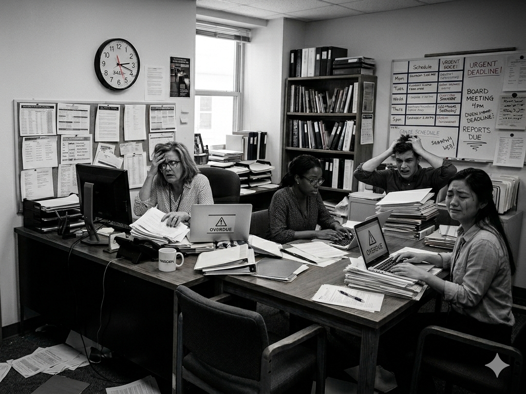 A school administrator's office filled with stacks of documents and stressed employees.